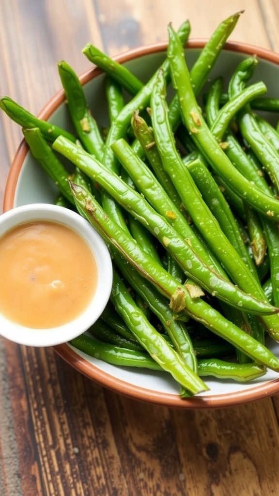 Crispy Air Fryer Green Beans Recipe Crispy air fryer green beans in a bowl, garnished with garlic powder, on a wooden table.